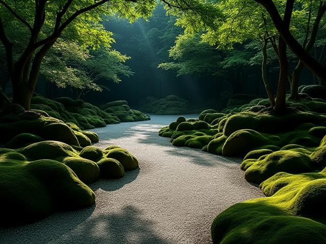陰影が美しい日本の伝統的な庭園、静けさと深み
