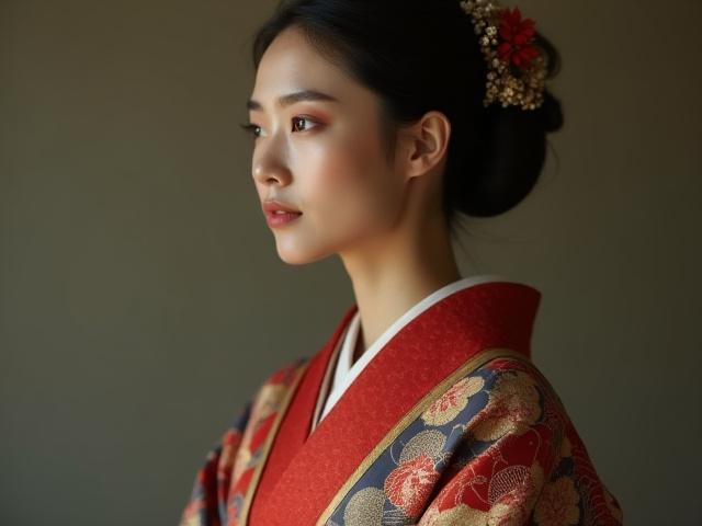 伝統的な着物を纏ったモデルのクローズアップポートレート