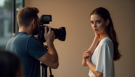 プロフェッショナルなカメラ機材とモデルのポートレート撮影風景