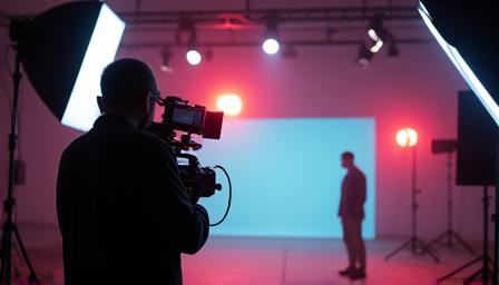 スタジオで映画のような照明を使ったビデオ撮影クルーの様子