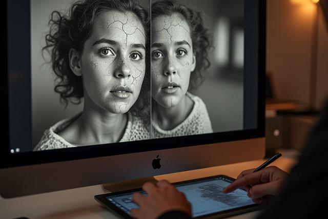 損傷した古い白黒写真がデジタル復元される様子