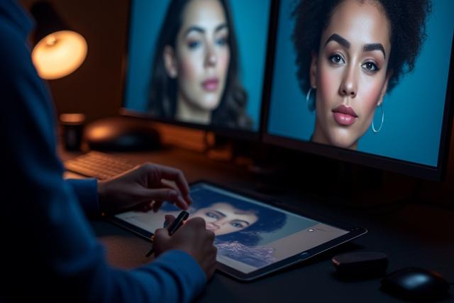 グラフィックタブレットとPCで写真レタッチを行うデジタルアーティスト