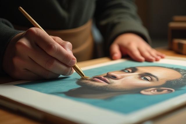 職人が手作業で肖像画の最終仕上げをしている様子