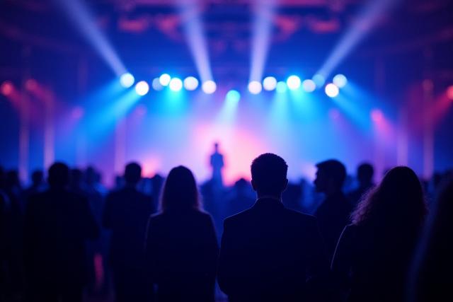 劇的な照明で撮影された大規模イベント写真