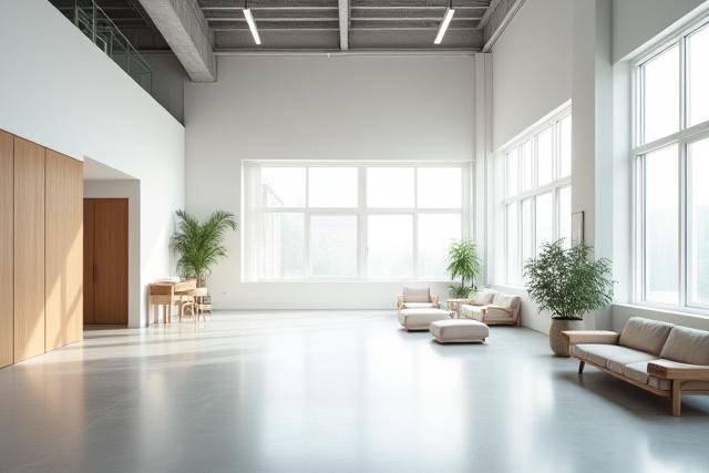 高い天井と自然光が差し込む広々としたモダンな写真スタジオ