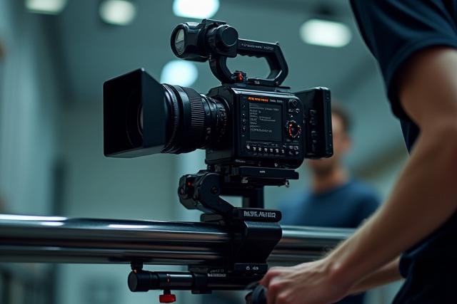 プロのビデオカメラが動く映像を撮影中